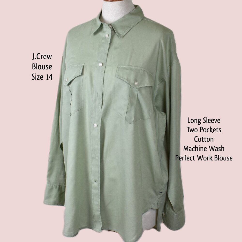 J.Crew. Blouse Top 14 Light Green Long Sleeve Button Down Collard Machine Wash